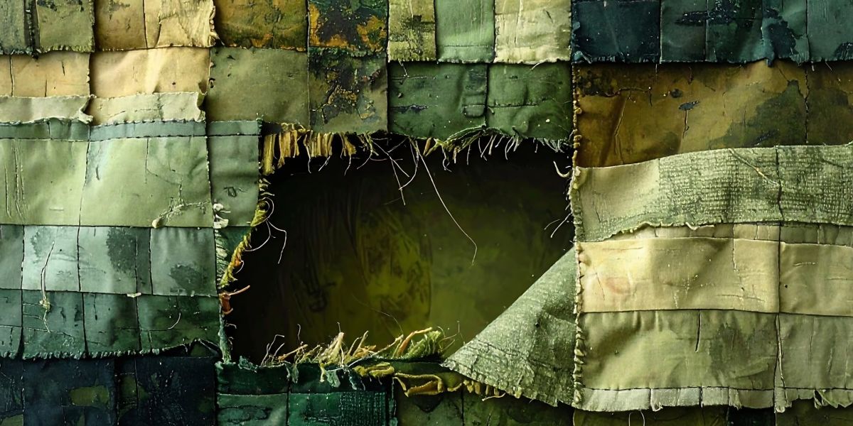 Ein Patchwork-teppich mit einem ausgefransten Loch in der Mitte