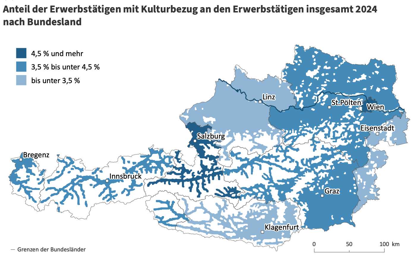 Österreichkarte mit Verteilung der Beschäftigten im Kulturbereich, hell- bis dunkelblau: bis 3,5 %, 3,5 bis 4,5 %, 4,5 % und mehr; Wien ist sehr dunkelblau