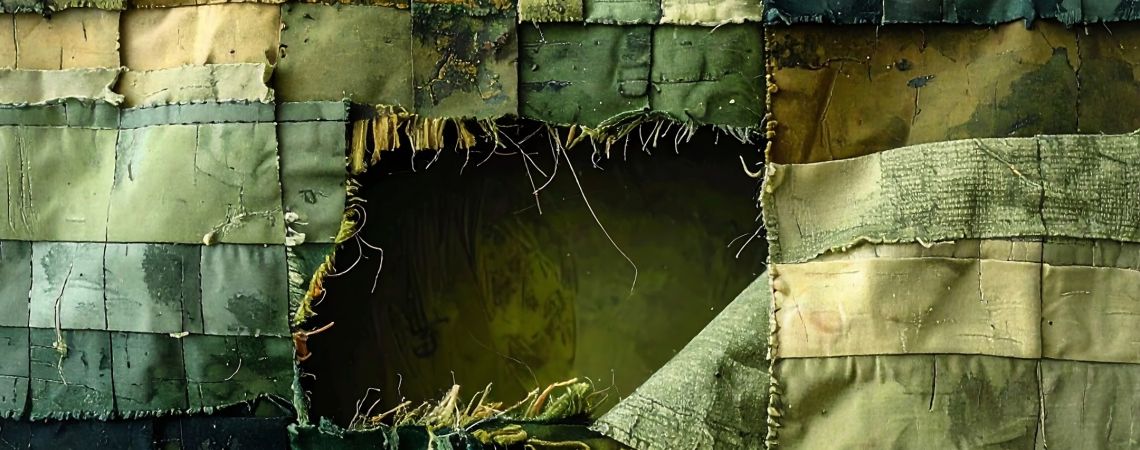 Ein Patchwork-teppich mit einem ausgefransten Loch in der Mitte