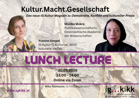 Werbesujet mit Fotos von Yvonne Gimpel und Monika Mokre sowie den Eckdaten der Veranstaltung